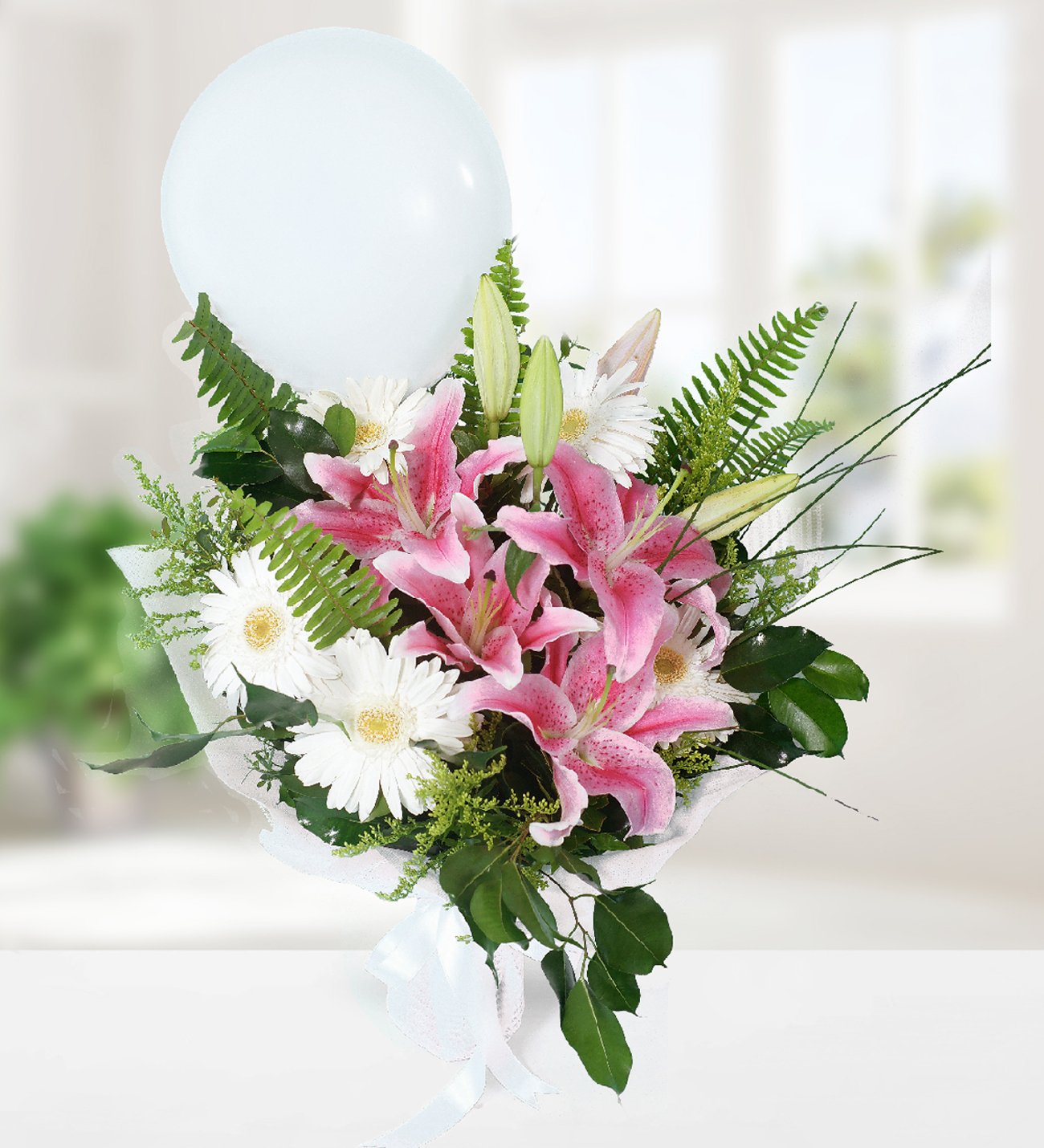 Balonlu Pembe Lilyum ve Gerbera