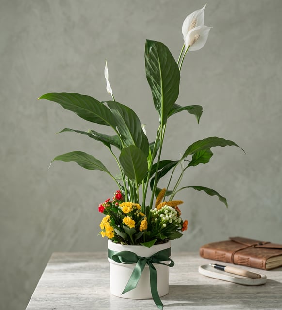 Beyaz Saksıda Barış Çiçeği ve Kalanchoe Çiçekleri