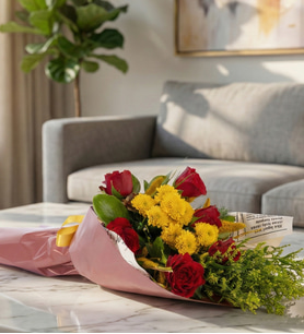 Flamia Ruskos Somon Gazete Bukette Kırmızı Güller