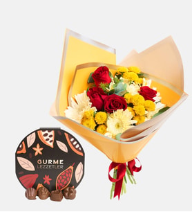 Kırmızı Gül, Sarı Kriaztem Buketi & Gurme Lezzetler