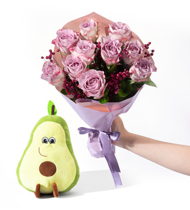 Lila Pembe Bukette 10 Lila Gül ve Avokado Yastık