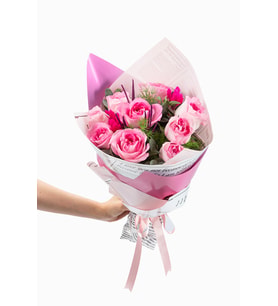Lila Pembe Bukette 9'lu Pembe Gül