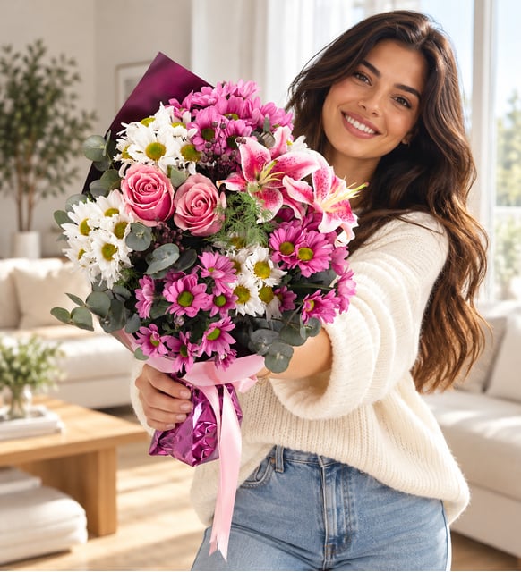 Mor Bukette Pembe Lilyumlar ve Papatyalar