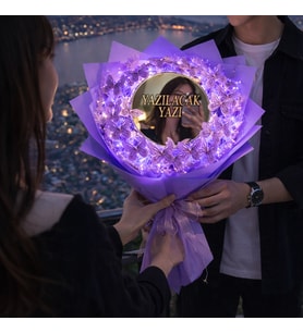 ROMANTİK LED IŞIKLI AYNALI MOR KELEBEK  BUKETİ (Mor-Pembe-Sim)