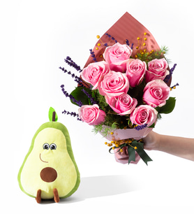 Somon Bukette 9 Pembe Gül ve Avokado Yastık