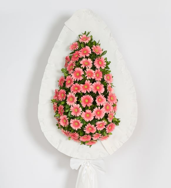 Tek Katlı Büyük Pembe Gerbera Çiçekli Çelenk